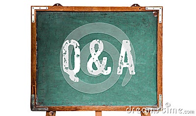 Q&A, acronym for â€œQuestions and Answersâ€ white text written on a green old grungy vintage wooden chalkboard blackboard stand Stock Photo